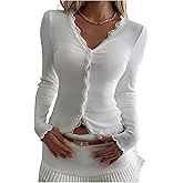 GORGLITTER Women's Long Sleeve Lace Tops Button Down Fitted Sexy Ribbed Knit Y2k Cropped Shirts