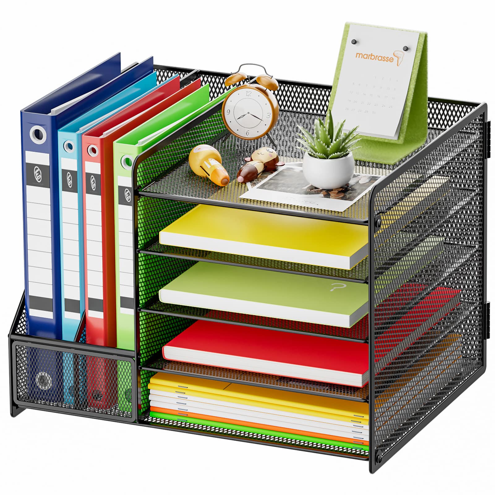 Marbrasse Desk Organiser File Holder,5-Tier Paper Letter Tray Organiser,Mesh Desktop Storage with Magazine Holder for Office Supplies(Black without Drawer and pen holder)