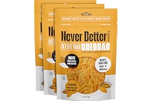 NEVER BETTER FOODS Vegan Cheese, Dairy Free Cheese, Plant Based Cheese, Healthy Vegan Cheddar Cheese, 3-PACK of 7oz Bags of Shredded Cheddar Cheese, Lactose Free Cheese, Smooth and Non Oily Vegan Cheese Shredded.