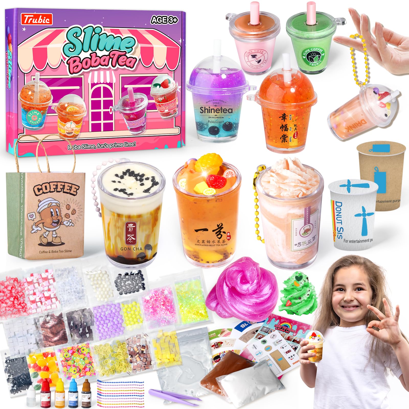 Trubic Miniature Cafe & Boba Tea Slime Making Kit for Girls Ages 8-12, 53PCS Mini Coffee/Bubble Tea Dessert Cup, Kitchen DIY Pretend Play Food Toys, Christmas Birthday Party Gift for Kids 6 7 9 10 11