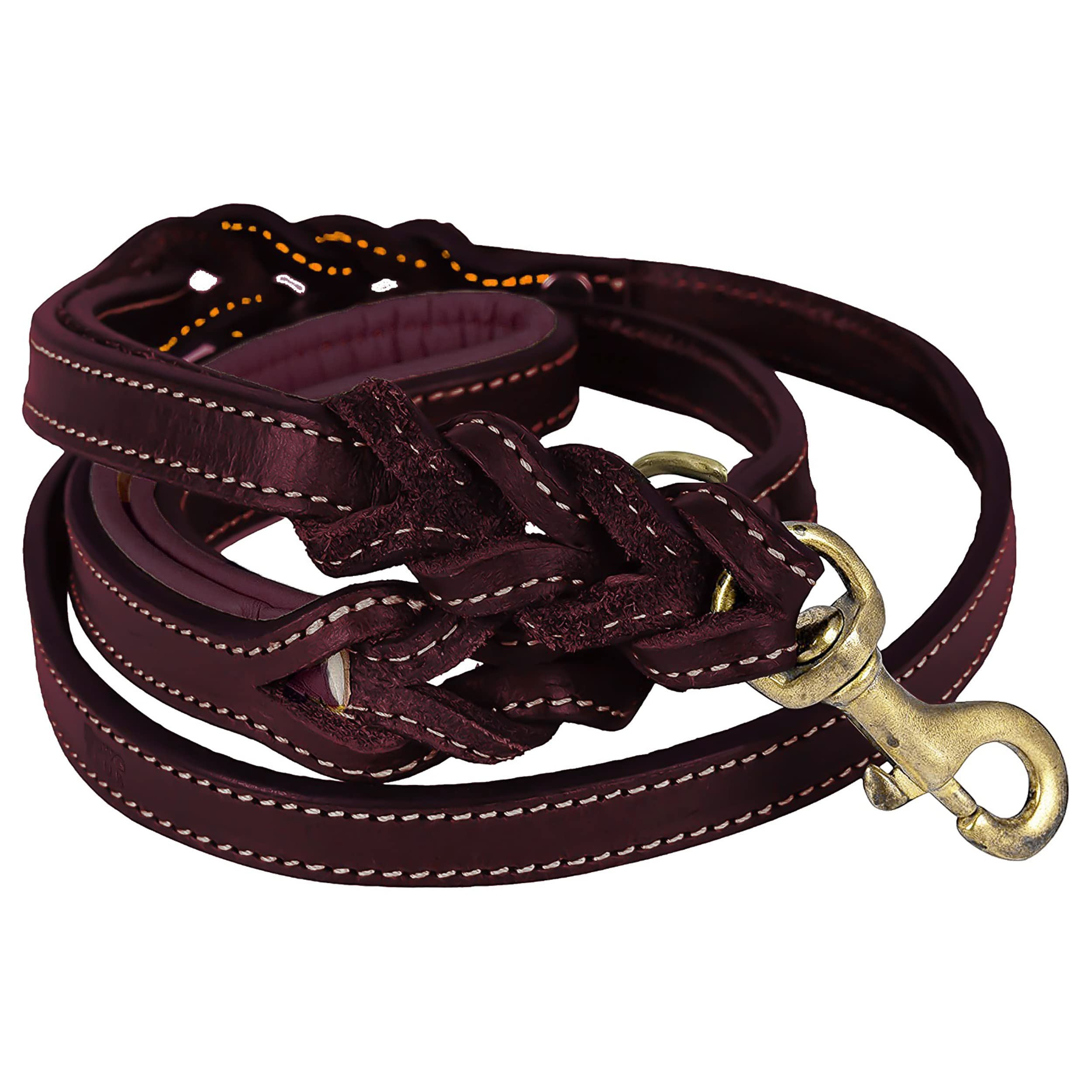 DowgClub | 6' Genuine Leather Dog Leash | Heavy Duty, Handmade, Braided, Strong | for Medium, Large, X-L Dog | Dual Handle Design, Padded & Traffic, DRing | Black, Brown, Cherry, Tan (6 feet, Cherry)