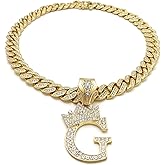 BLINGFACTORY Hip Hop Alphabet Initial G CZ Pendant & 13mm 18" Full Iced Box Lock Cuban Chain Gold Plated Necklace