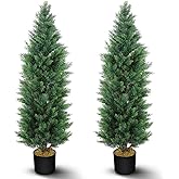 Hananona 2 Pcs 4 Ft Artificial Topiary Cedar Trees, Outdoor Faux Pine Shrubs, Realistic Fake Greenery Plants UV Resistant Cypress Trees for Christmas Porch Front Door Decor (2, Green, 4 Ft)
