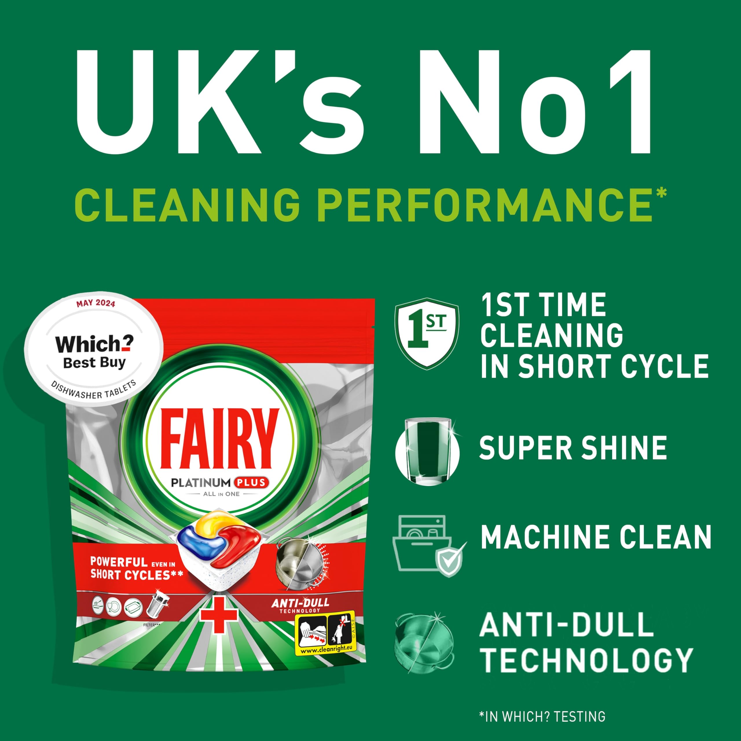 Fairy Platinum Plus All-in-1 Dishwasher Tablets, 125 Pack, Lemon. With anti-dull tech & rinse aid action for a deep clean. Effective in short cycles for sparkling dishes.