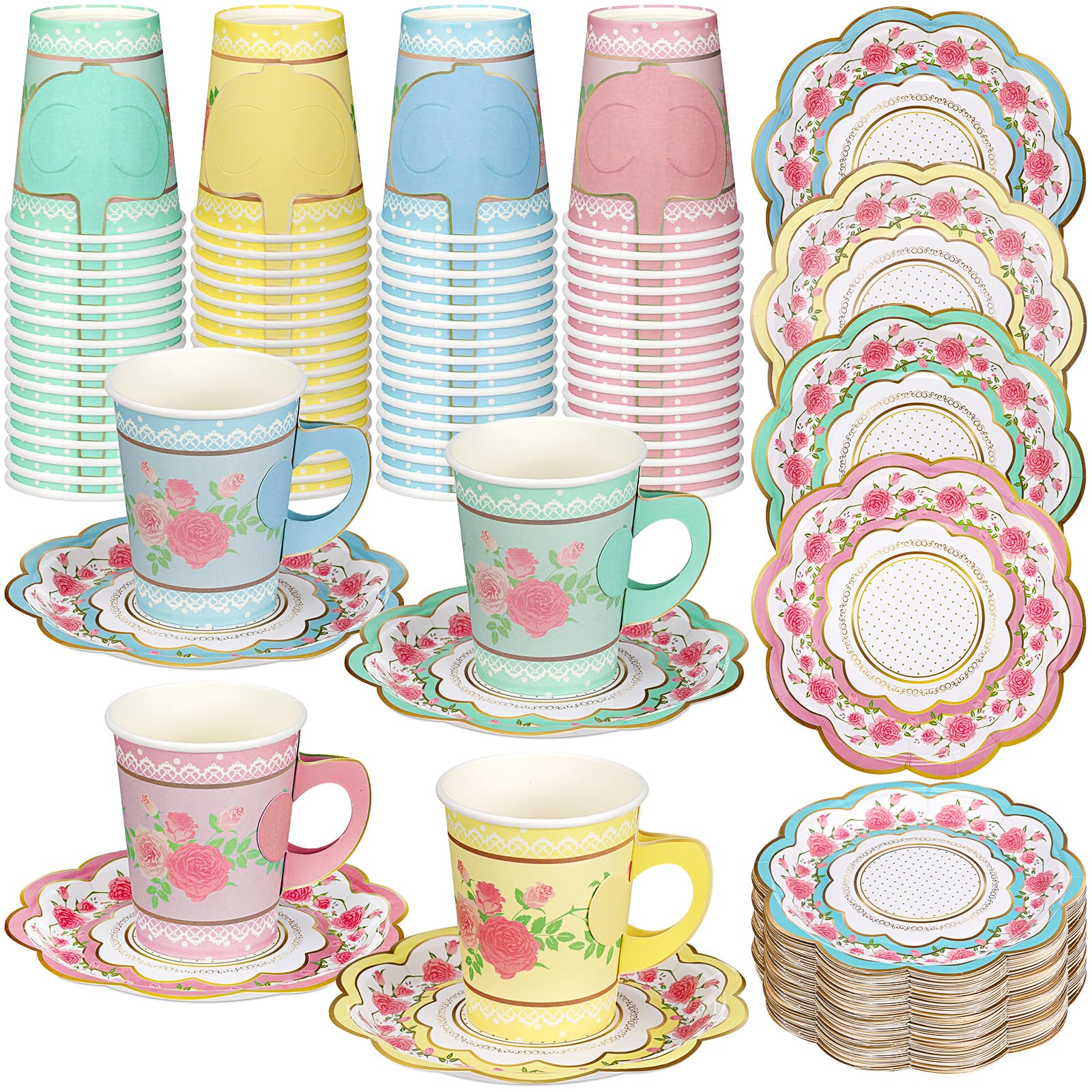 Photo 1 of FillTouch 100 Sets Floral Paper Tea Cups and Saucers Disposable Paper Tea Party Supplies 9 oz Cups with Handle and Saucer for Birthday Wedding Party Decorations