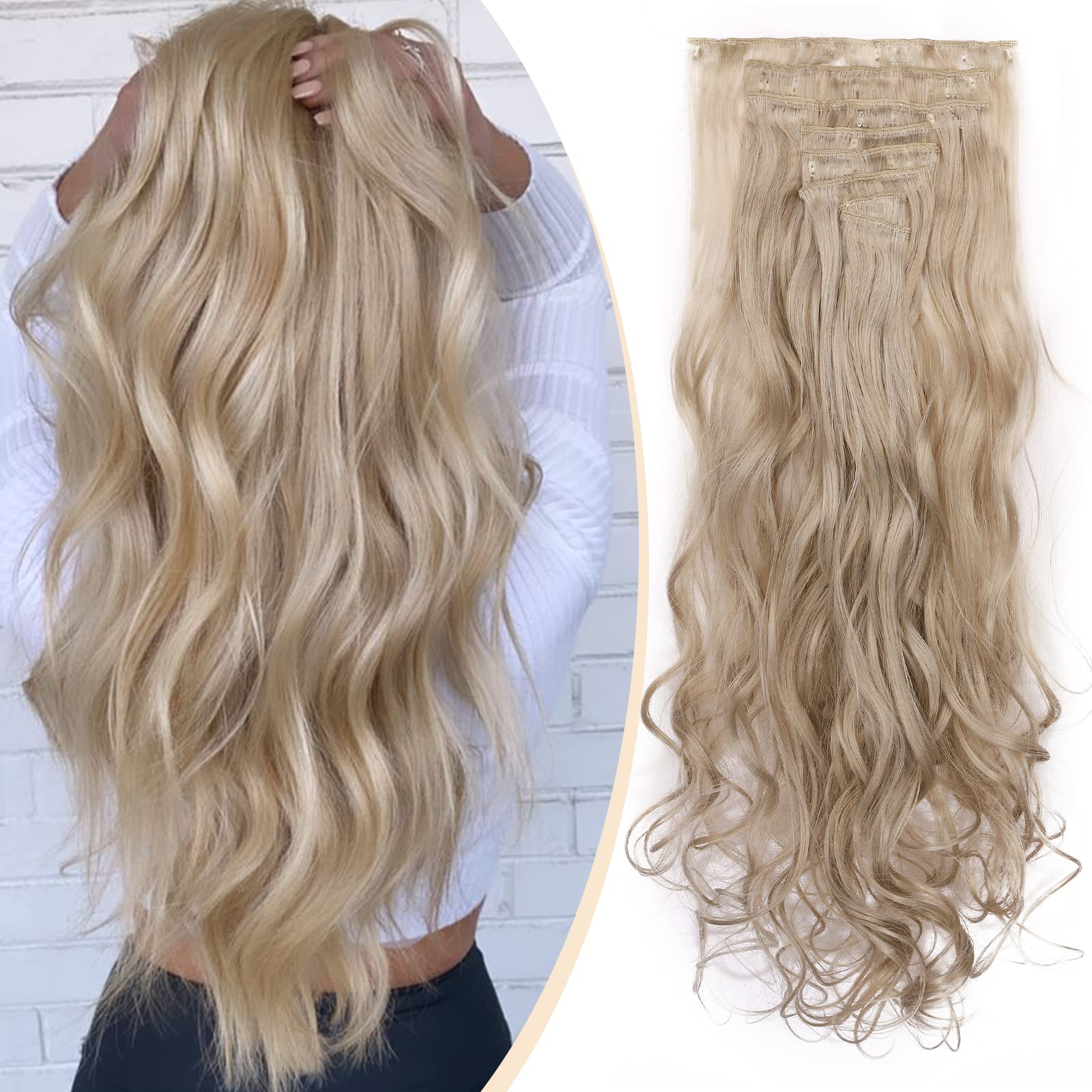 S-noilite 17-26 Inches(43-66cm) 8pcs Long Full Head Clip In Hair Extensions Extension Sexy Lady Fashion Choice 60 Colours (24 Inches-Curly, Ash blonde mix silver gray)