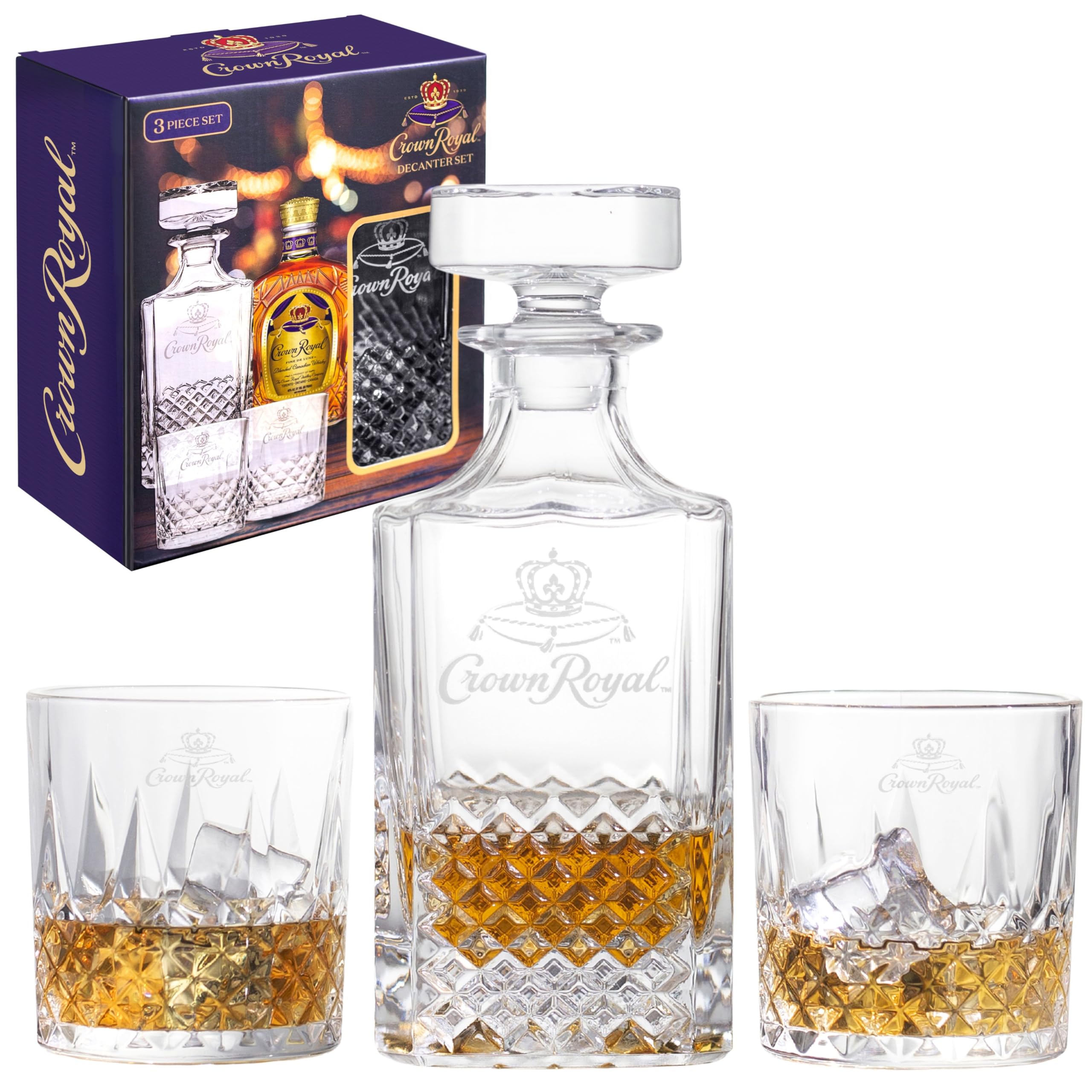 Photo 1 of **ONLY ONE 10oz GLASS** Crown Royal Glass Whiskey Decanter Set – 750ml Decanter with Two 10oz Glasses – Officially Licensed Barware for Bourbon, Scotch & Cocktails Compatible