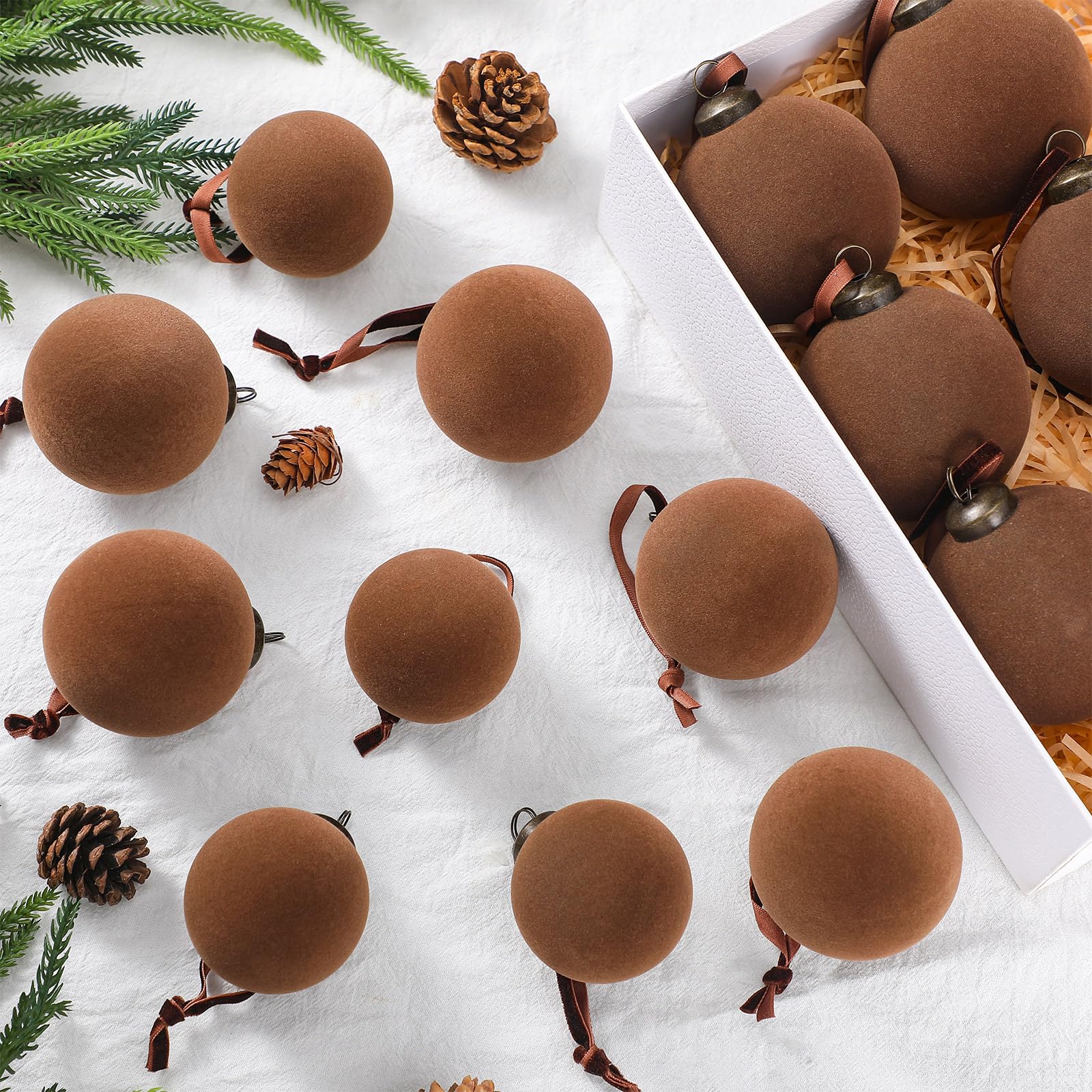 Photo 1 of Foilswirl 18 Pcs Velvet Christmas Balls Bulk 3.15, 2.76, 2.36 Inch, Flocked Xmas Tree Ball Ornaments Plastic Velvet Christmas Ornaments Xmas Tree Hanging Decoration(Brown)