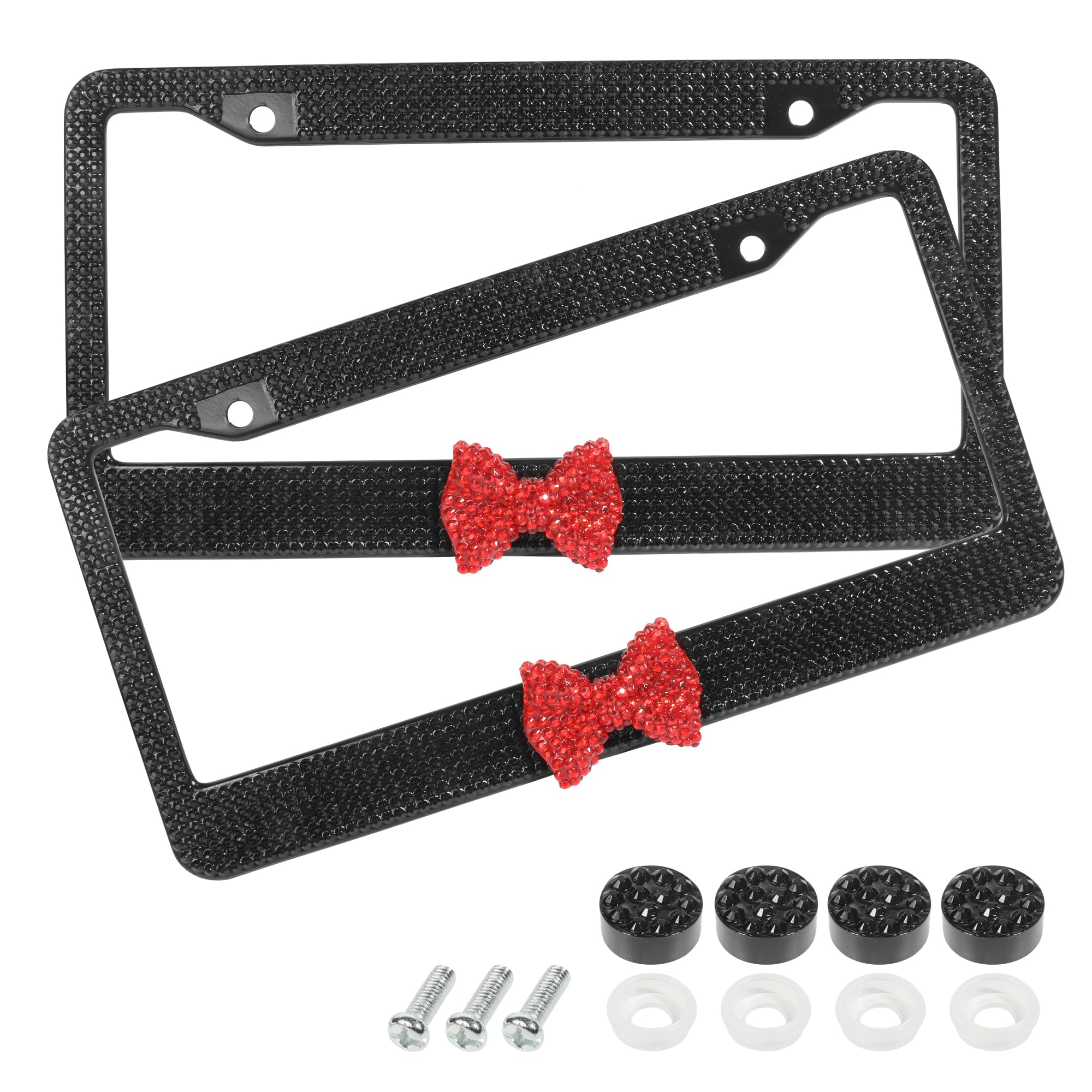 Photo 1 of SCUARI Car Rhinestone License Plate Frame,Bling License Plate Frame,Cute Girly Car Accessories,Shiny Rhinestones Premium Licenses Plates Holder with Mounting Bolts,Fits Cars,SUVs (Black&Red)