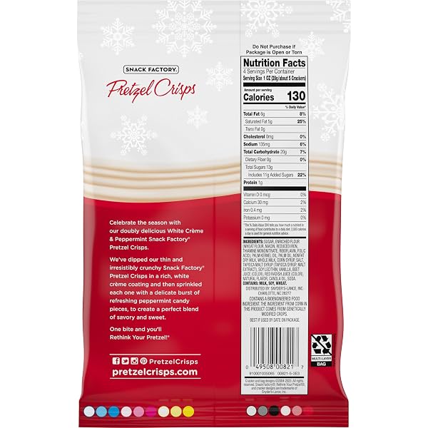 SNACK FACTORY PRETZEL CRISPS, HOLIDAY WHITE CRÈME AND PEPPERMINT COVERED PRETZELS, 4 OZ