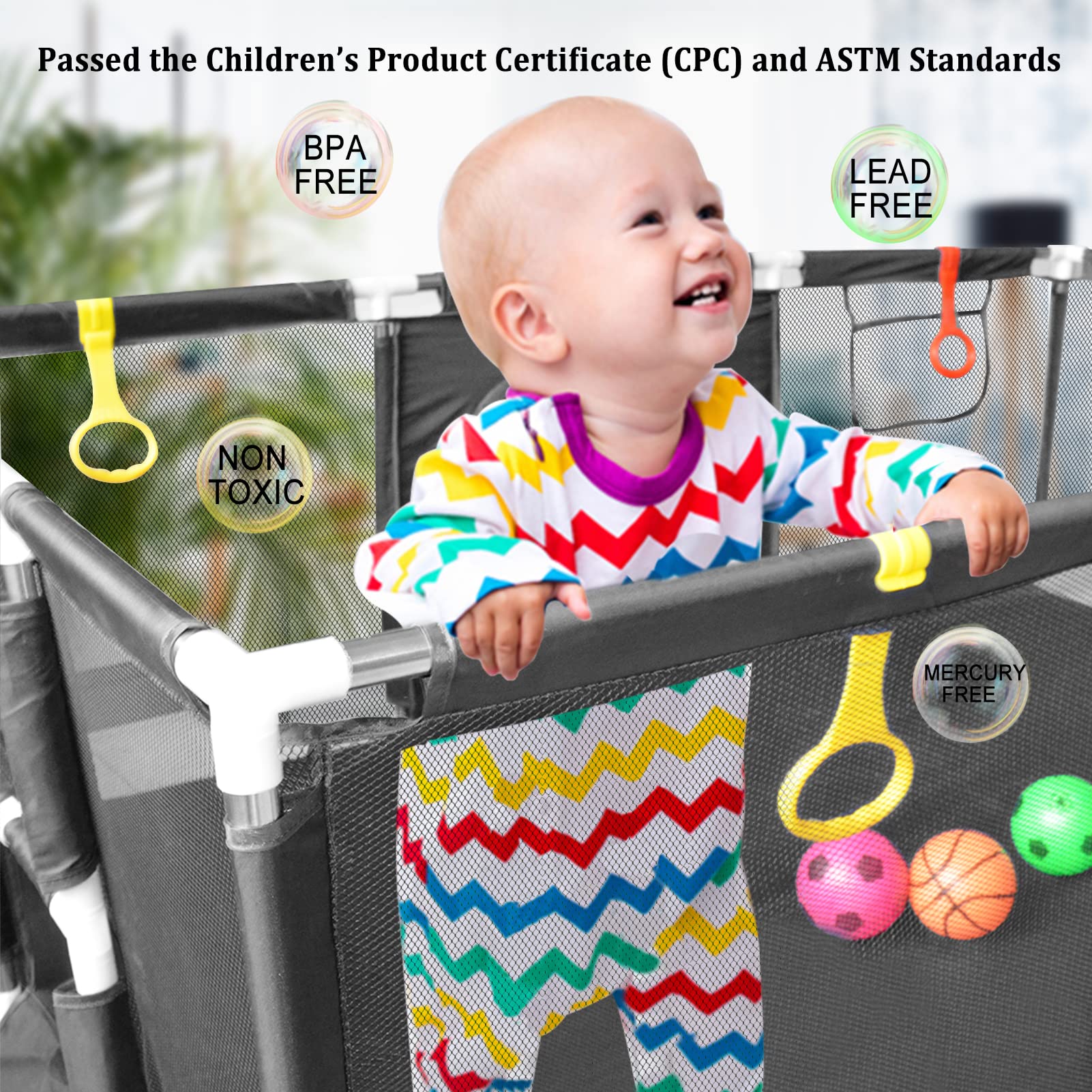 Large Baby Playpen 74''×50'', Ball Pit for Toddlers Babies with Basketball Hoop & Soccer Nets, Kids Activity Fence Play Yard with Anti-Slip Base & Soft Breathable Mesh (No Ocean Balls) (Grey)