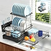 2 Tier Dish Drying Rack, Large Extendable Dish Racks for Kitchen Counter , Dishrack with Drainboard, 2-in-1 Anti-Rust Stainless Steel Dish Drainer with Utensil Holder (Black, double of Dish Rack)