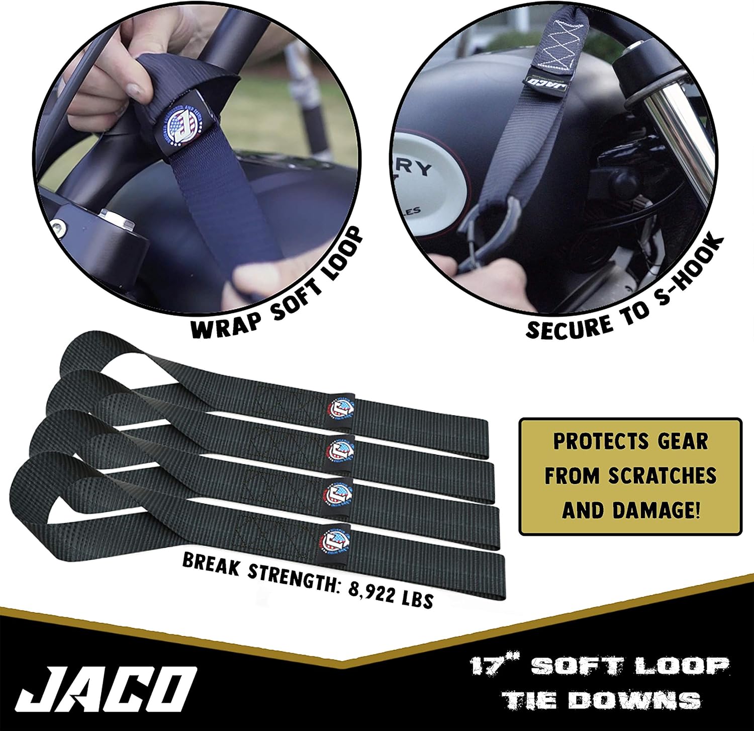 JACO Ratchet Tie Down Straps (Heavy Duty Set) - 1.6" x 8 ft | AAR Certified Break Strength (5,208 lbs) | with (4) Utility Ratchet Straps, (4) 17" Soft Loop Tie Downs, and Accessories (Black): Automotive