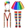 Sureio 5 Pcs Clown Costume Set for Women Circus Outfit Include Rainbow Tutu Skirt Feathers Headband Socks Suspenders Bowtie