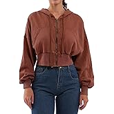 Xintianji Retro Vintage Crop Hoodie for Women - Lightweight Long Sleeve Zip Up Pullover Sweatshirts with Pockets