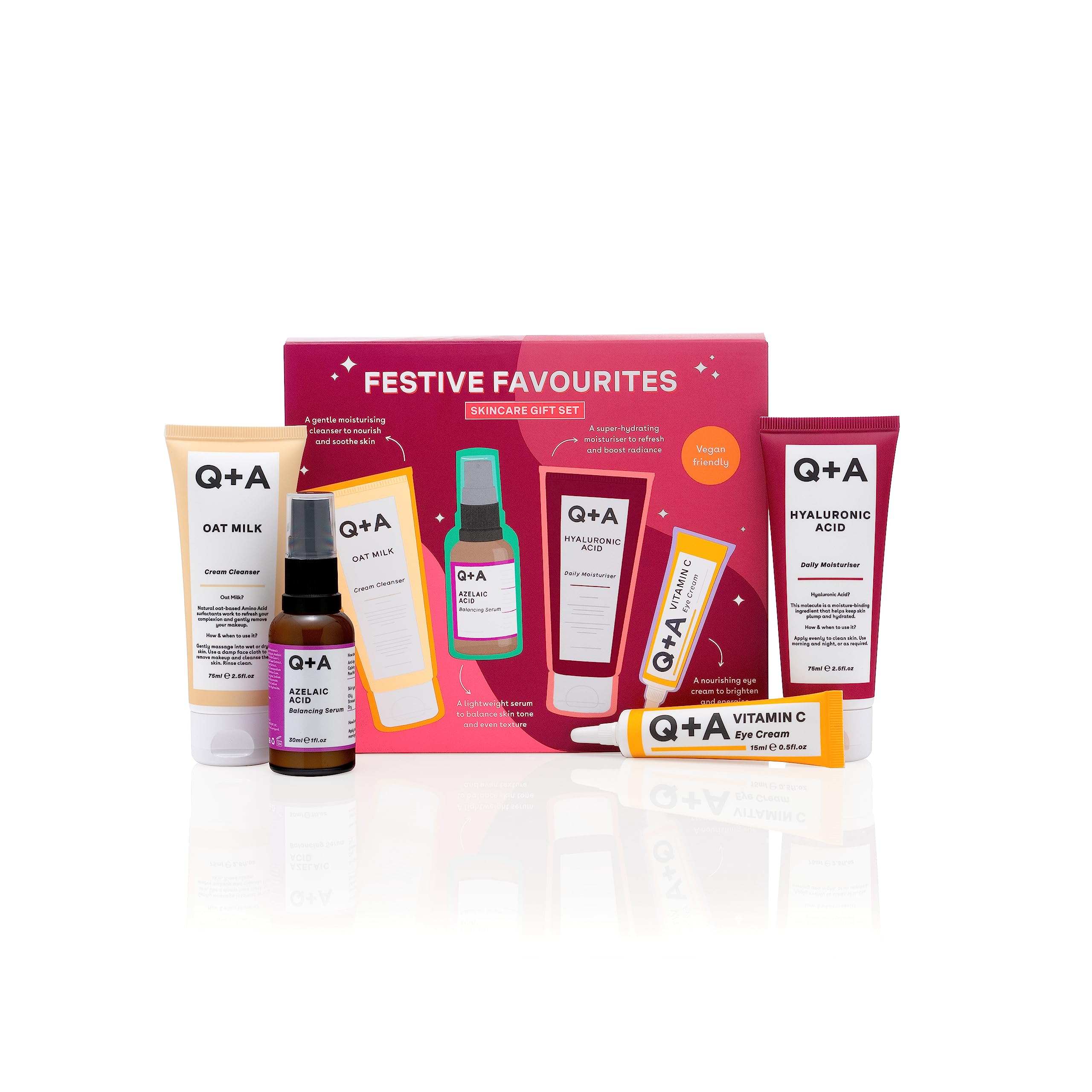 Q+A Festive Favourites Gift Set, containing a Hyaluronic Acid Moisturiser (75ml), an Oat Milk Cream Cleanser (75ml), an Azelaic Acid Serum (30ml), and a Caffeine Eye Serum (15ml) — image 1