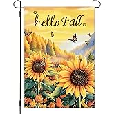 Hello Fall Butterfly Sunflower Garden Flag 12x18 Double Sided, Burlap Seasonal Autumn Farmhouse Outdoor Yard Flags Fall Decorations for Outside Home Porch