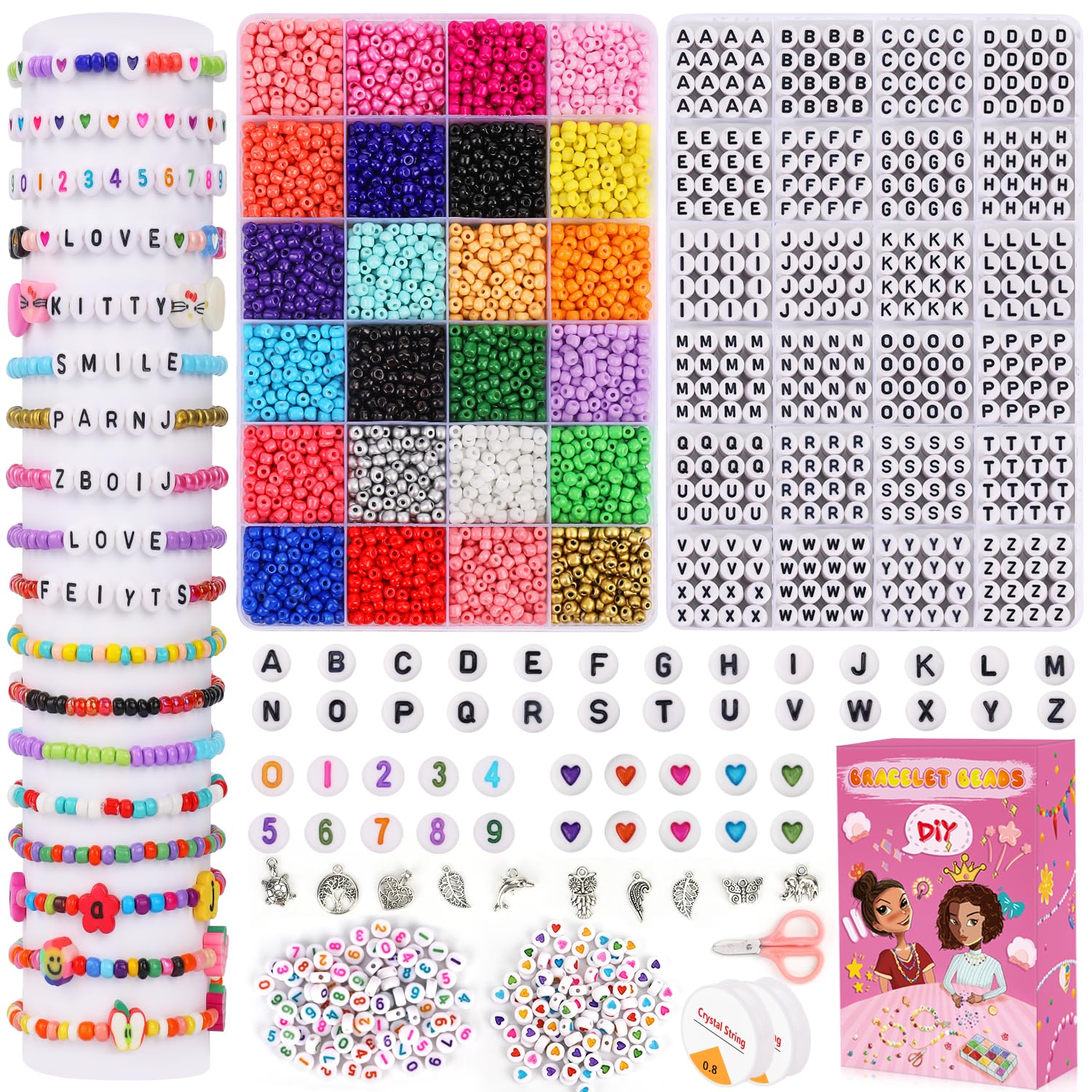 5800pcs Bracelet Making Kit,4 mm Glass Seed Beads and Letter Alphabet Beads for Friendship Jewelry Making, with Charm and Elastic Strings, Friendship Bracelets Holiday Gifts for Girls Adults