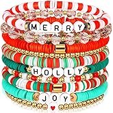 Leitee 10 Pcs Christmas Bracelets Gifts for Women Heishi Surfer Bracelets Polymer Clay Stretch Jewelry Party Favor Supplies