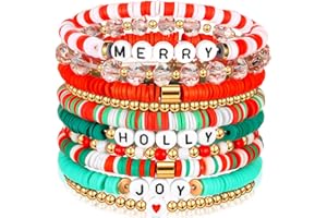 Leitee 10 Pcs Christmas Bracelets Gifts for Women Heishi Surfer Bracelets Polymer Clay Stretch Jewelry Party Favor Supplies