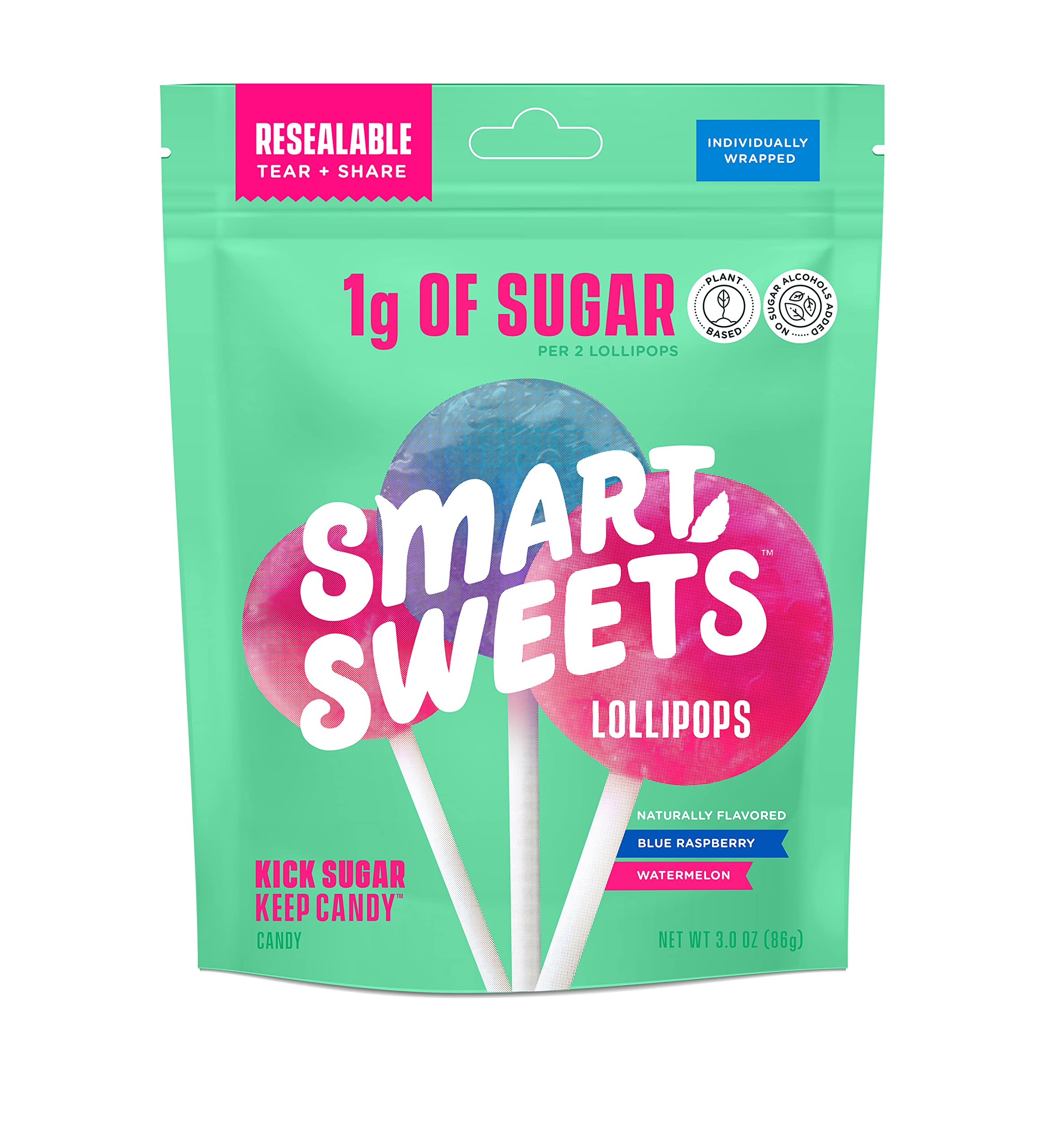 Photo 1 of ***3 PACK***EXP 09/02/2027 SmartSweets Lollipops, 3oz, Blue Raspberry & Watermelon Flavors, Hard Candy with Low Sugar (1g), Low Calorie (40), No Artificial Sweeteners, Plant-Based, Gluten-Free