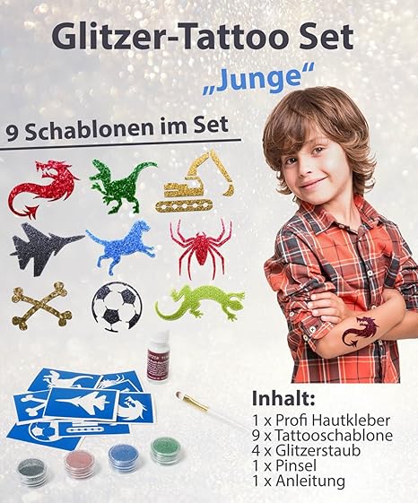 Glitzer Tattoo Set Junge mit Profikleber, 1x Pinsel, 4x Glitzer, 9x Tattooschablonen