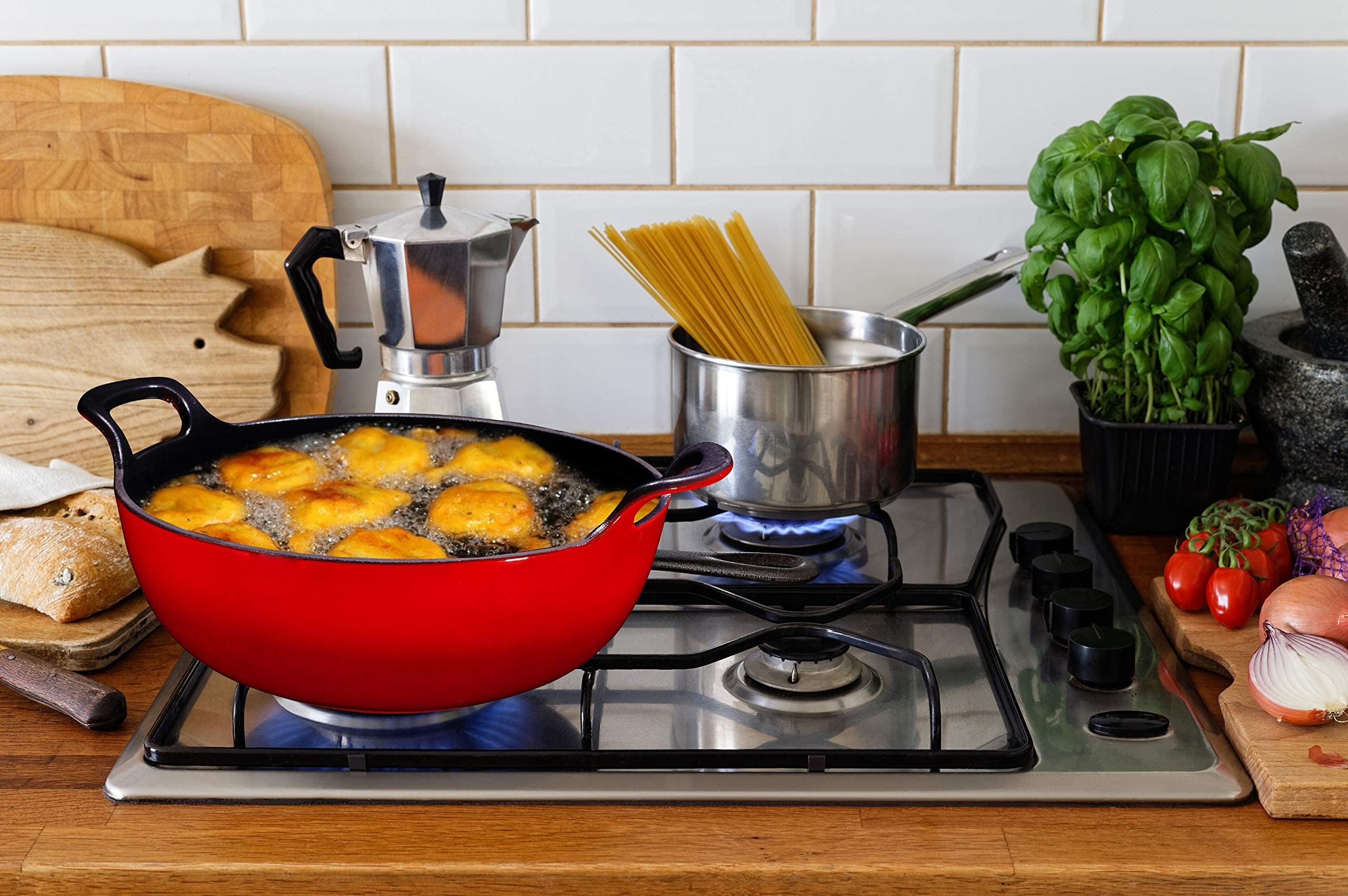 Bruntmor 3 Quart Red Enameled Cast Iron Wok, Cast Iron Wok, Pot Dish, Cast Iron Biryani Pot, 3qt Instant Pot Bakeware Sets, Stove and Oven Safe