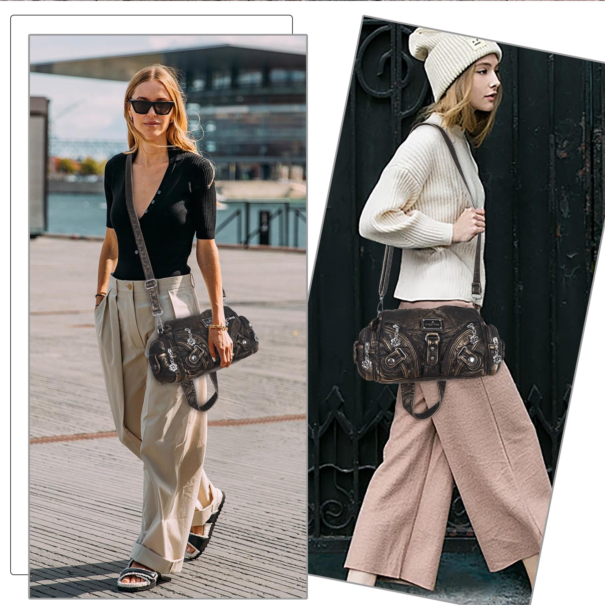 Angel Kiss Purses for Women Small Hobo Shoulder Bags Vagen Leather Multi-Pocket Tote Bag with Zipper, Bronze