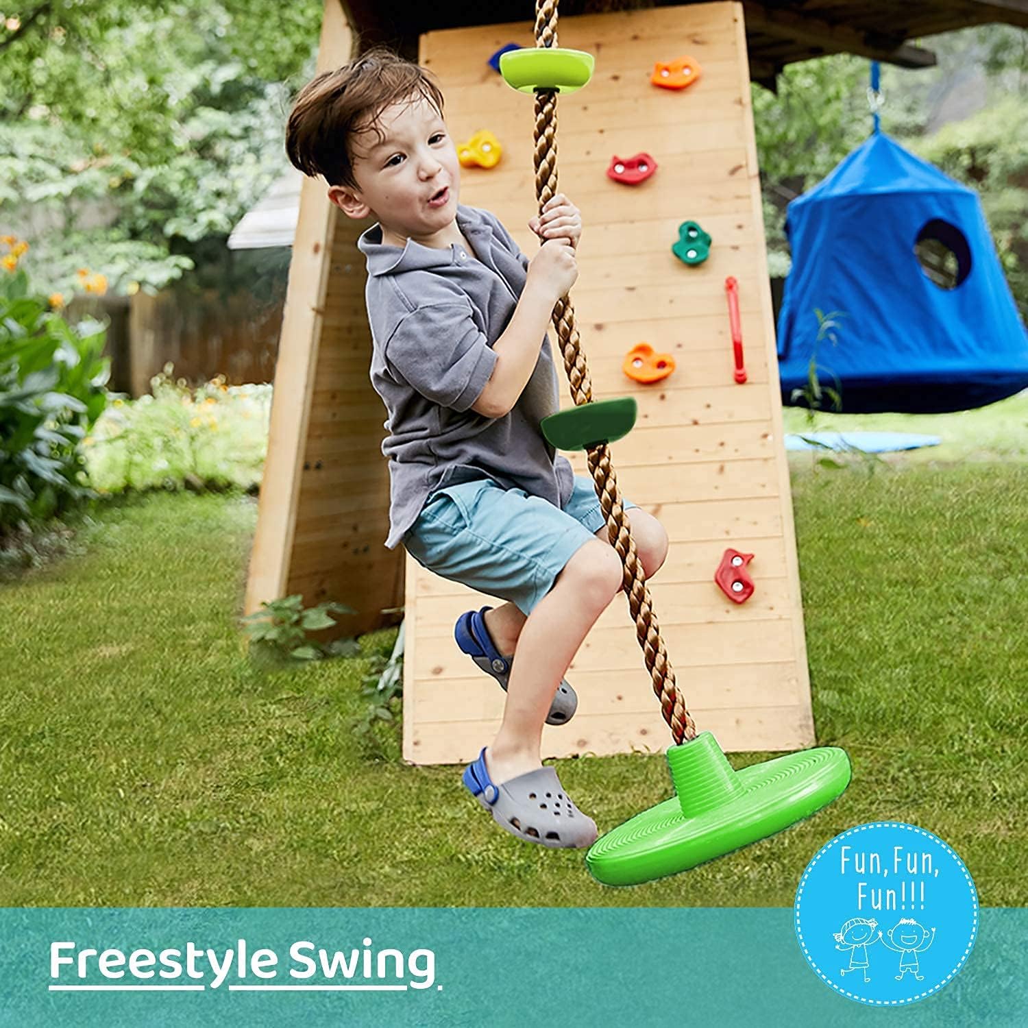Kids Climbing Rope with Platforms and Disc Tree Swing Seat, Children Playground Swingset Swings Accessories for Outdoor Backyard, Saucer Swing Playset Toys-Green: Kitchen & Dining