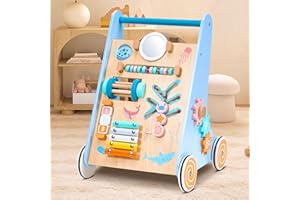 BUDDGO Wooden Baby Walker Push and Pull Learning Activity Walker, Baby Push Walker with Multiple Activities Center, Baby Walker for 1 Year Old Push Toy, Blue