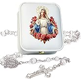 PLONKLY Rosary Necklace for Women - Cat's Eye Beads with Virgin Mary Medal & PU Leather Gift Box, Catholic Miraculous Medal Rosary