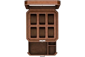 ROTHWELL 6 Slot Leather Watch Box with Valet Drawer - Luxury Case Display Organizer, Microsuede Liner, Locking Mens Jewelry Watches Holder, Men's Watch Storage Large Glass Top (Tan/Brown)