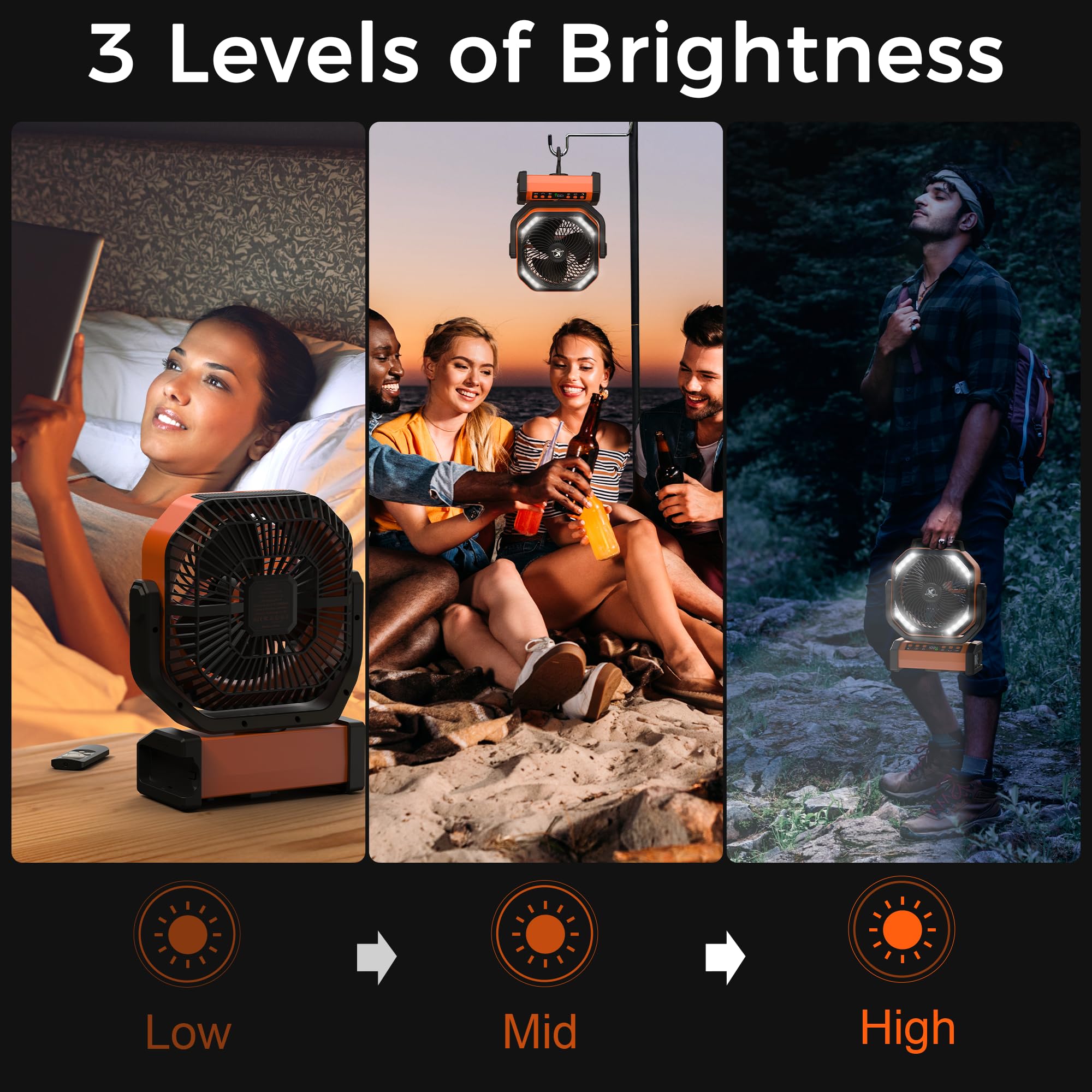 Camping Fan with Light - 20000mAh Rechargeable Battery Fan, 112Hrs Max Run Time, 8 Speeds, Digital Display, Timer, Auto Oscillation, 270° Pivot & Hook for Camping, Power Outage, Hurricane (Orange)