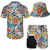Ldvjkx Mens Hawaiian Shirt and Shorts Set 2 Piece 80s 90s Outfit for Men Short Sleeve Button Down Suit with Bucket Hats