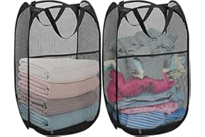 Aplter Pack of 2 Pop Up Laundry Hamper Collapsible Laundry Baskets Black Mesh Laundry Baskets with Portable Handle, Side Pocket for Bedroom, Nursery Room, Travel, Cruise