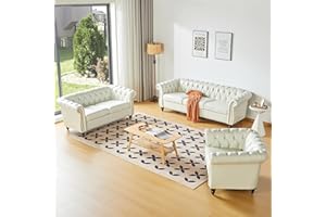 ORRD 3 Piece Living Room Set, Chesterfield Faux Leather Sofa Loveseat Couch Chair with Scroll Arms and Nailhead for Living Room, Office (White)