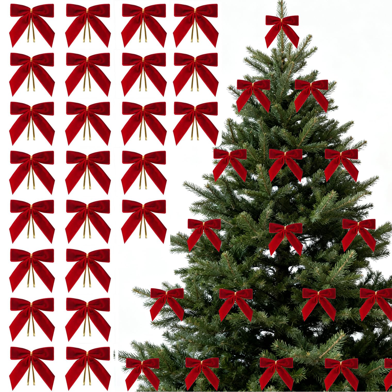 Photo 1 of 24 Pcs Red Small Velvet Christmas Bows for Christmas Tree Decorations, 3.5 Inch Xmas Velvet Ribbon Bow Ornaments for Christmas Farmhouse Tree Wreath Garland DIY Craft Gift Wrapping Decorative, 1" W