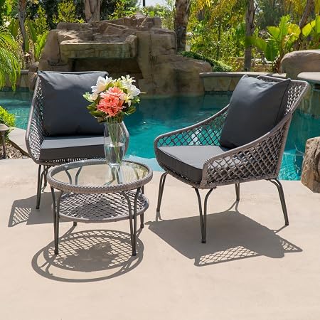 Amazon Com Belleze 3pc Outdoor Patio Set Furniture Wicker Round Glass Table Backyard Thick Plush Seat Backrest Cushions 2 Chairs Gray Garden Outdoor