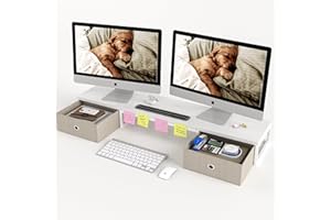 Mexin Dual Monitor Stand Riser with 2 Drawers - 39Inch Large Storage Computer Monitor Stands for 2 Monitors, Wooden Desktop Organizer Perfect for Home Office Desk, Computer, Laptop, TV, White