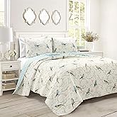 Lush Decor Botanical Bird and Flower Reversible Quilt Queen Size 3 Piece Set Full/Queen Multi - Floral Bedding Set Queen Quilt - Blue Quilts