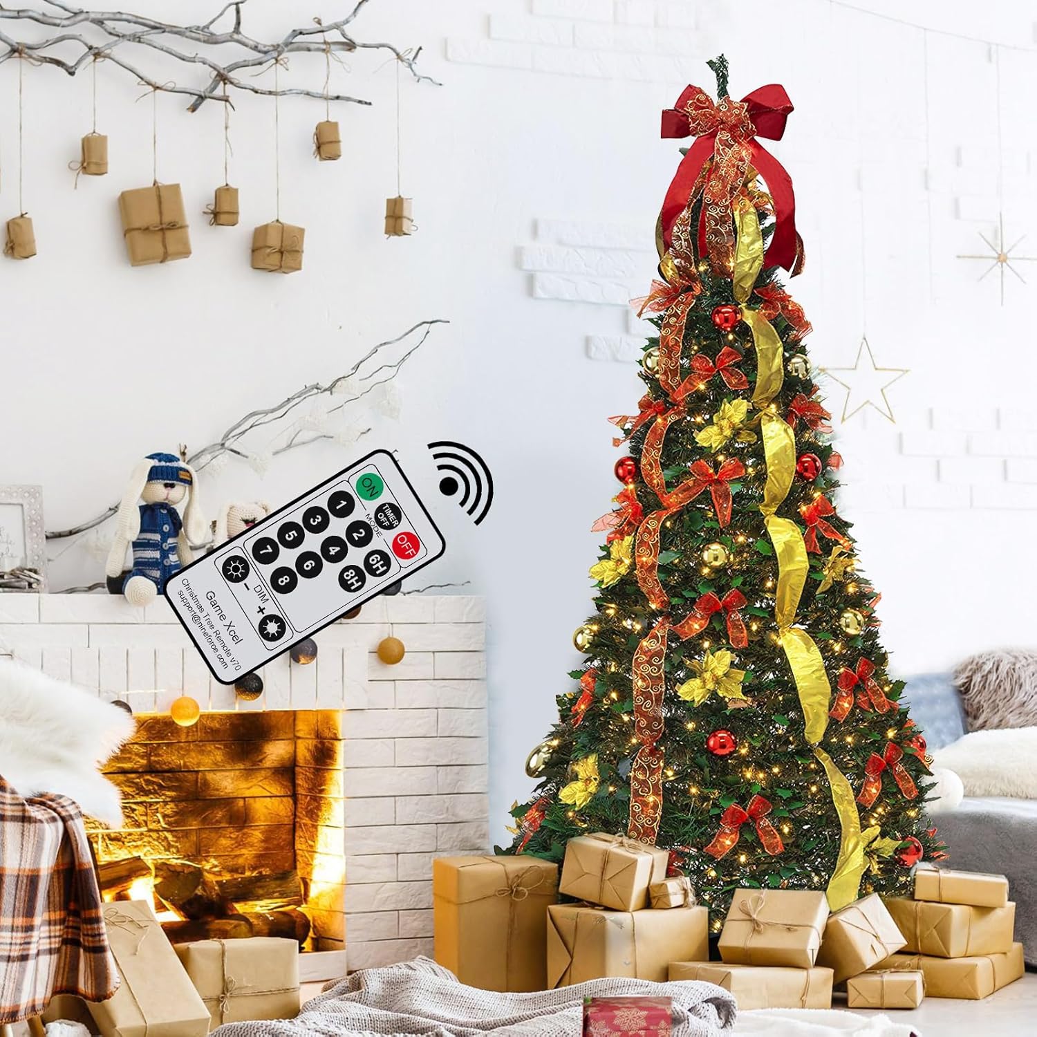 Trees - Pre-lit Christmas Tree - 6.5 Ft Fully Decorated Pull Up Christmas Tree with Remote, 200 LED Lights, Ornaments, Red&Gold Ribbon, Bows, Easy Assemble Collapsible Xmas Trees Holiday Party Decor
