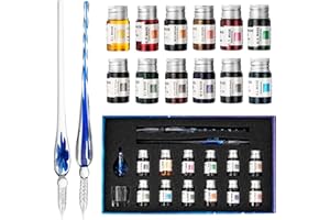 AOKUY Glass Pen Set Calligraphy Dip Pens,12 Colorful Inks,Caligraphy Sets for Art, Writing, Signature, Decoration, Gift (12+2 blue+blueflower)