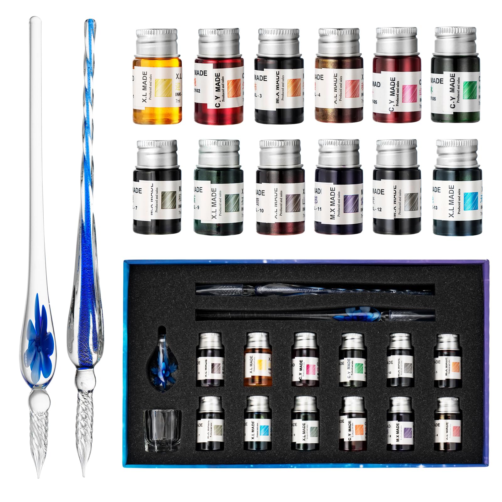 AOKUY Glass Dip Pen Set, 12 Color Inks, Pen Holder, Cleaning Cup, 2 Crystal Glass Pens for Art, Writing, Drawing, Signatures, Gift for Kids and Artist