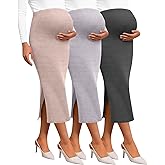 Neer 3 Pack Women's Maternity Skirts, Split Midi High Waist Ribbed Knit Solid Stretchy Pregnancy Pencil Long Skirt Clothes
