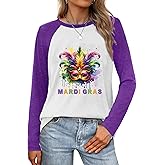 Mardi Gras Long-Sleeve T-Shirt for Women Purple Raglan Sleeve Mask Graphic Top
