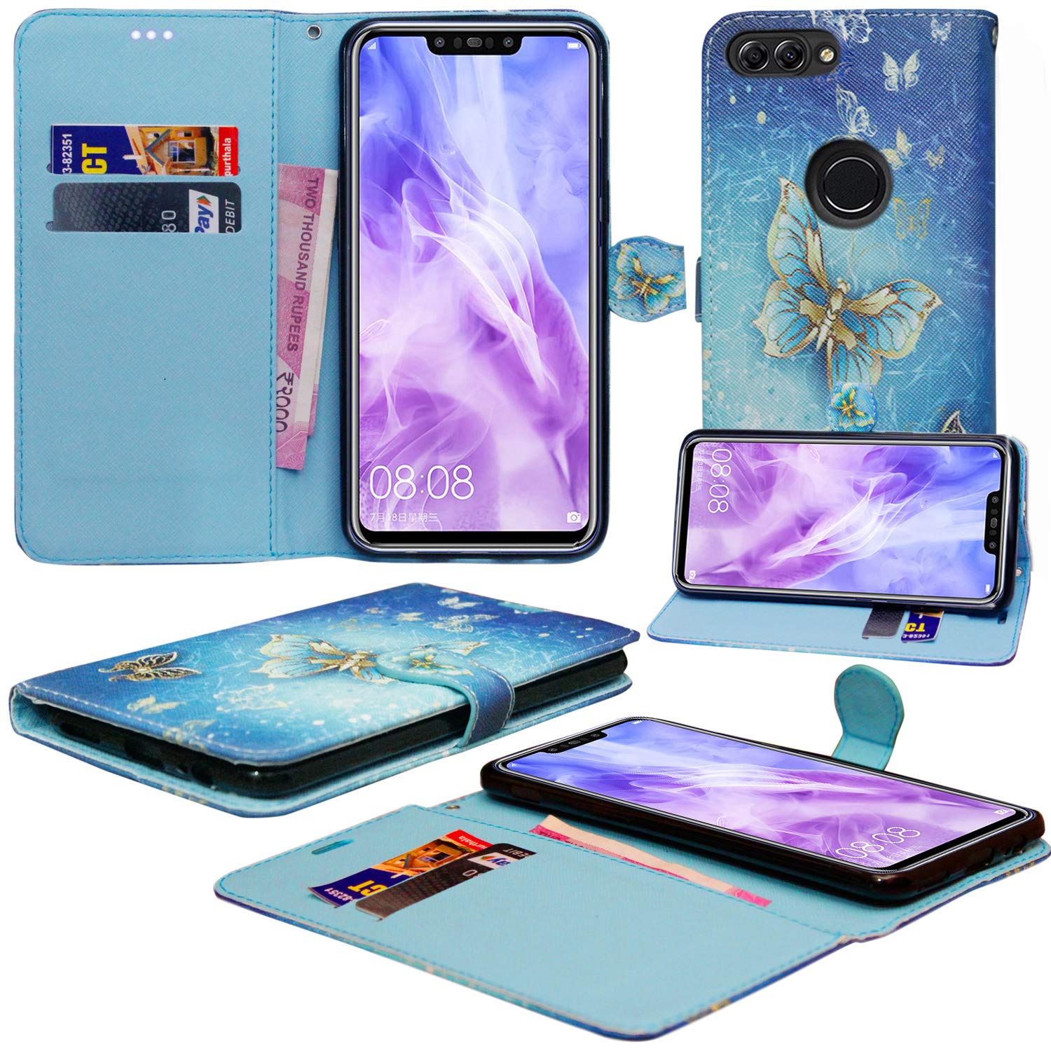 Mobile Stuff Huawei P Smart Case, [Kickstand] [ Card Slot] [Magnetic Closure] TPU Bumper, Full Body Protection Flip Folio Leather Cover Case for Huawei P Smart/Huawei Enjoy 7S (Butterfly Gold)