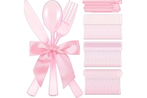Minatee 25 Sets Pink Plastic Cutlery Set with Twist Tie Bows, Heavy Duty Tableware Disposable Pink Forks Knives and Spoons Silverware Utensils Set for Coquette Birthday Party Table Setting Picnics