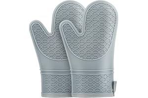 TOPBAG Silicone Oven Mitts, Heat Resistant 2PCS Oven Mitts with Soft Cotton Lining, Waterproof Non-Slip Grip Oven Glove, Kitchen Potholder Mits for BBQ, Baking, Cooking, 12.5 Inch - Grey