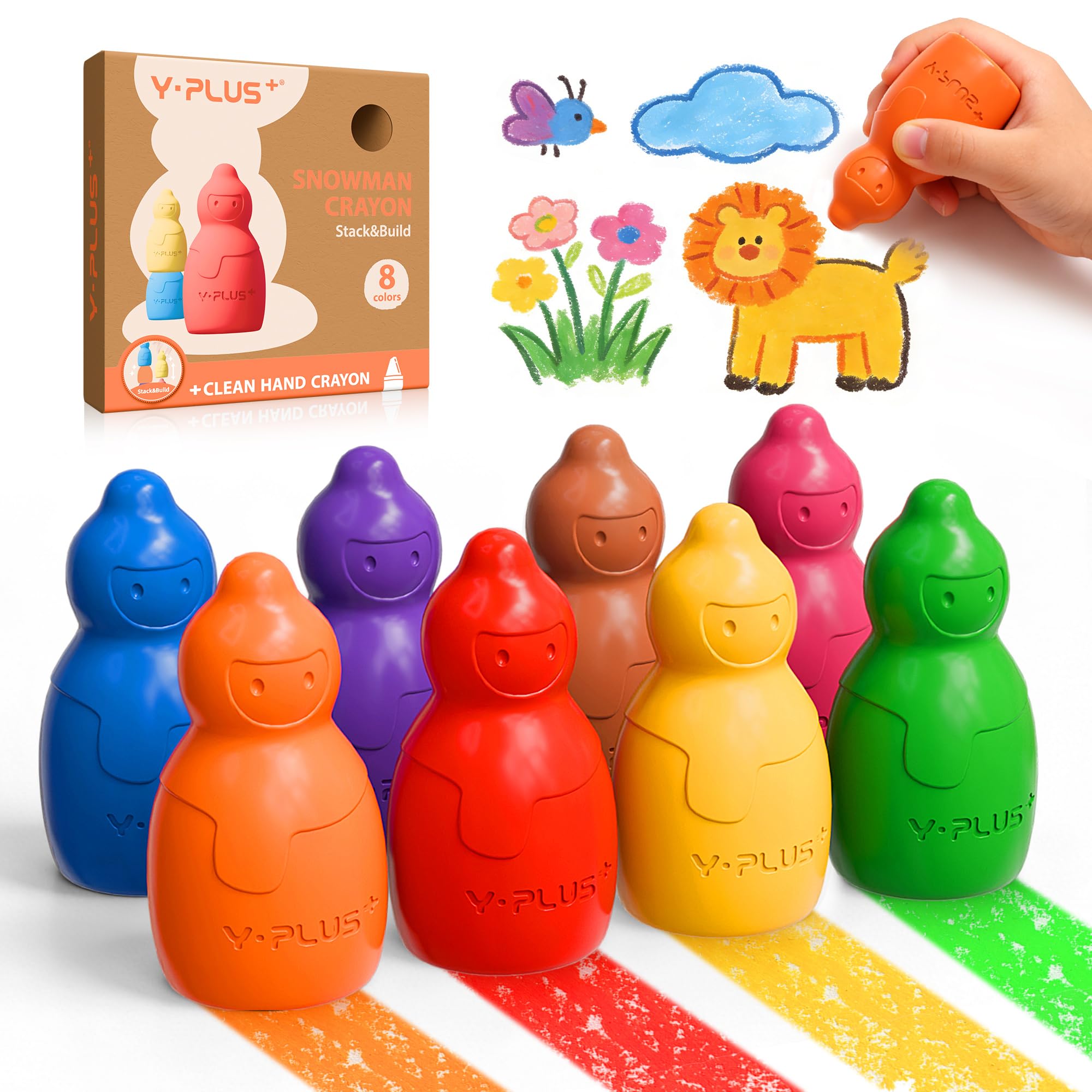 YPLUS JumboWax Crayons for Kids - 8 Vibrant Colours, Nont Toxic Washable Crayons for Toddler Age 1-2, 2-4, Baby Snowman Crayon Stackable Toys & Toddler Colouring Set