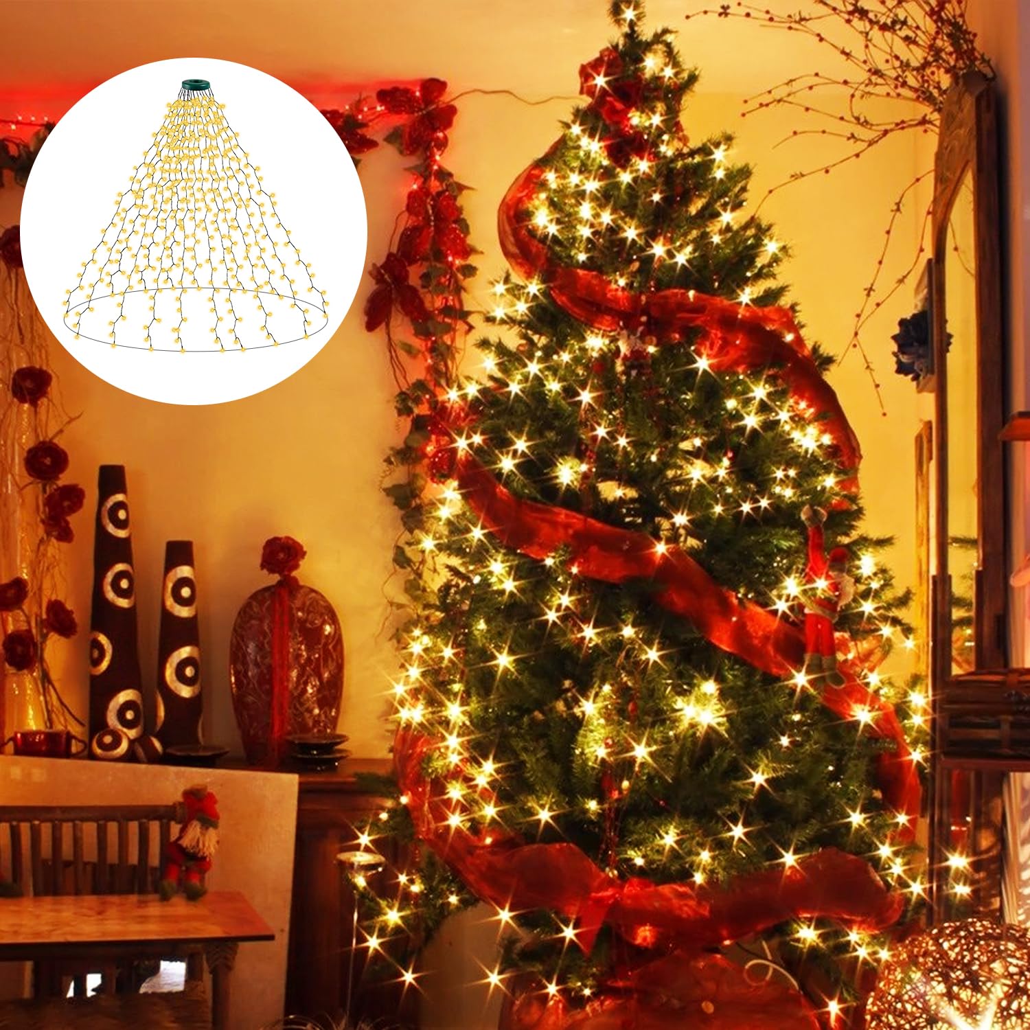 GARITE Christmas Tree Net Lights - 6.6FT x 16Line 400LEDs, Waterproof, Plug-In, 8 Modes Warm White for Indoor and Outdoor Use
